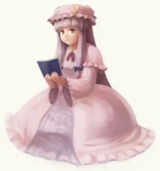 Rule 34 | 1girl, book, female focus, full body, hat, highres, long hair, patchouli knowledge, purple eyes, purple hair, solo, tdk, touhou, white background