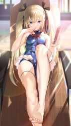 Rule 34 | 1girl, absurdres, bare arms, bare shoulders, barefoot, beach chair, blonde hair, blue eyes, blue one-piece swimsuit, blurry, blurry background, bow, breasts, commentary request, day, dead or alive, dead or alive 5, feet, food, foreshortening, frills, hair bow, hair ornament, highres, holding, long hair, looking at viewer, marie rose, marie rose (devilish servant against the splashing waves), medium breasts, nanaken nana, one-piece swimsuit, outdoors, pocky, pocky day, sitting, sleeveless, smile, solo, swimsuit, thighs, toes, twintails, x hair ornament
