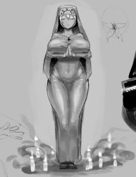 Rule 34 | 1girl, breasts, candle, closed eyes, covered navel, cross, cross necklace, double (skullgirls), full body, greyscale, habit, huge breasts, jewelry, monochrome, necklace, nun, praying, skullgirls, solo, standing, thick thighs, thighs, tillshitposting, wide hips
