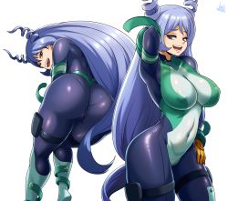 Rule 34 | 1girl, absurdres, ass, ass focus, blue eyes, blue hair, bodysuit, boku no hero academia, breasts, cameltoe, cleft of venus, covered navel, curvy, hadou nejire, hand on own hip, highres, huge ass, jmg, large breasts, long hair, looking at viewer, multiple views, open mouth, pouch, skin tight, smile, smug, thick thighs, thigh pouch, thigh strap, thighs, very long hair, white background
