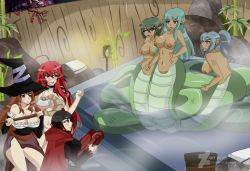 Rule 34 | 6+girls, ahoge, bikini, black hair, breasts, brown hair, cleavage, conjoined, dark-skinned female, dark skin, dragon&#039;s crown, female focus, green hair, hat, high school dxd, holding, holding staff, lamia, large breasts, long hair, monster girl, multiple girls, navel, nipples, nude, onsen, pointy ears, ponytail, red hair, rias gremory, ruby rose, rwby, silver hair, sorceress (dragon&#039;s crown), staff, swimsuit, underboob, white bikini, witch hat