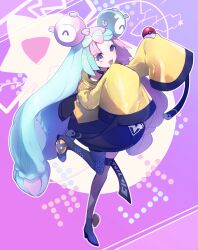 Rule 34 | 1girl, absurdres, asymmetrical legwear, black skirt, blue hair, blue pantyhose, bow-shaped hair, character hair ornament, commentary request, creatures (company), cyawa, full body, game freak, gen 1 pokemon, hair ornament, highres, holding, holding poke ball, iono (pokemon), jacket, leg up, light blue hair, looking at viewer, magnemite, mismatched legwear, multicolored hair, nintendo, open mouth, pantyhose, pink hair, poke ball, pokemon, pokemon sv, purple background, purple thighhighs, sharp teeth, simple background, single leg pantyhose, single thighhigh, skirt, sleeves past fingers, sleeves past wrists, smile, solo, split-color hair, standing, standing on one leg, teeth, thighhighs, two-tone hair, very long sleeves, yellow jacket
