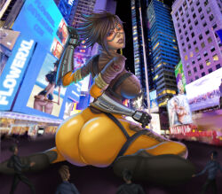 Rule 34 | 1girl, 3girls, ass, batman (series), bigger female, blizzard (company), breasts, brown hair, city, city background, d.va (overwatch), dc comics, deviantart, deviantart username, female focus, flowerxl, gloves, harley quinn, highres, huge ass, large breasts, looking at viewer, multiple girls, night, overwatch, shoes, short hair, sitting, suicide squad, taller girl, thick thighs, thighs, tracer (overwatch), union jack, wariza