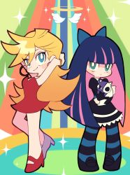 Rule 34 | 2girls, ahoge, black dress, black hair, blonde hair, blue bow, blue eyes, blue hair, blue ribbon, blunt bangs, bow, breasts, colored inner hair, commentary, dress, earrings, english commentary, full body, gothic lolita, green eyes, hair bow, highres, honekoneko (psg), jewelry, large breasts, lolita fashion, long hair, miyata (lhr), multicolored hair, multiple girls, panty &amp; stocking with garterbelt, panty (psg), pink hair, red dress, ribbon, siblings, sisters, skirt, smile, standing, stocking (psg), streaked hair, striped clothes, striped legwear, striped thighhighs, thighhighs, two-tone hair