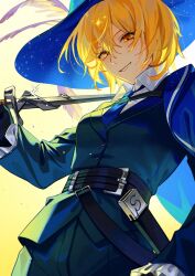 Rule 34 | 1girl, belt, black belt, black jacket, blonde hair, blue cape, blue headwear, blue necktie, cape, collared shirt, don quixote (project moon), grin, hat feather, highres, holding, holding sword, holding weapon, jacket, limbus company, looking at viewer, necktie, project moon, sheath, shirt, short hair, simple background, smile, solo, sword, szztzzs, weapon, white background, white shirt, yellow eyes