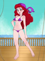 Rule 34 | 1girl, absurdres, artist request, bikini, blue eyeshadow, captain syrup, curly hair, eyeshadow, highres, long hair, makeup, midriff, nintendo, non-web source, ocean, open mouth, pink lips, red eyes, red hair, red lips, smile, solo, swimsuit, wario land, wavy hair