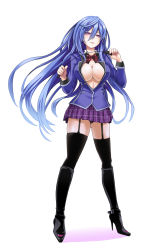 Rule 34 | 10s, 1girl, belt, black footwear, blue hair, boots, breasts, cleavage, full body, garter straps, high heel boots, high heels, iris heart, knee boots, large breasts, long hair, looking at viewer, neptune (series), no shirt, open clothes, panties, purple eyes, pururut, red eyes, riding crop, shinjitsu (true ride), skirt, solo, standing, symbol-shaped pupils, thighhighs, unbuttoned, unbuttoned shirt, underwear, very long hair