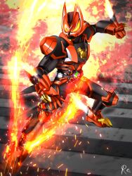 Rule 34 | 1boy, absurdres, armor, black armor, black bodysuit, bodysuit, boost mark ii buckle, commentary request, cowboy shot, desire driver, fighting stance, fire, flame print, fox, fox boy, fox mask, gloves, glowing, glowing eyes, green fire, highres, hitodama, incoming attack, kamen rider, kamen rider geats, kamen rider geats (series), kamen rider geats boost mark ii, kitsune, male focus, mask, mixed-language commentary, mouth guard, multiple tails, orange eyes, power armor, raise buckle, raised fist, red footwear, red gloves, reiei 8, shoulder armor, tail, thighs
