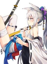 Rule 34 | 1girl, animal ears, artist request, bandaged chest, bandages, bell, blush, breasts, feet out of frame, grey hair, highres, japanese clothes, katana, kimono, original, ponytail, red eyes, serious, single thighhigh, small breasts, sword, thighhighs, weapon, white background