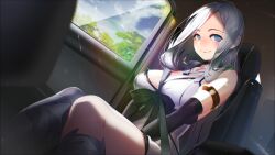 Rule 34 | 1girl, alternate costume, black bow, black gloves, black leggings, blue eyes, blue sky, blush, bow, breasts, car, car interior, car seat, cleavage, closed mouth, cloud, collarbone, dress, dutch angle, elbow gloves, female focus, gloves, highres, jewelry, large breasts, leggings, long hair, miracle snack shop, motor vehicle, necklace, philia salis, seatbelt, sitting, skirt, sky, smile, sunlight, thighs, tree, upper body, white dress, white hair, window