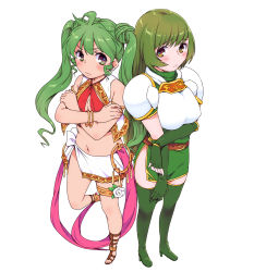 Rule 34 | 2girls, ahoge, anklet, armor, blush, boots, dancer, earrings, elbow gloves, erinys (fire emblem), fire emblem, fire emblem: genealogy of the holy war, full body, gloves, green eyes, green hair, highres, jewelry, kari (kakko k), long hair, lots of jewelry, midriff, multiple girls, navel, nintendo, sandals, silvia (fire emblem), thigh boots, thighhighs, twintails