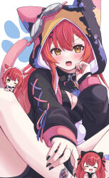 Rule 34 | 3girls, absurdres, animal ear hairband, animal ears, animal hood, anku, bandaid, bandaid on leg, belt collar, black collar, black gloves, black jacket, black nails, black shirt, black shorts, blush, breasts, cat ear hairband, cat ears, cat girl, cat tail, chibi, cleavage, cleavage cutout, closed eyes, clothing cutout, collar, commentary request, crop top, crossed legs, fake animal ears, fang, foot out of frame, gloves, goggles, goggles on head, hair between eyes, hair ornament, hairband, hand on own face, highres, hood, hood up, hoodie, jacket, long hair, long sleeves, looking at viewer, maid, maid headdress, medium breasts, medium hair, mini person, minigirl, multiple girls, nekota tsuna, nekota tsuna (1st costume), one eye closed, open mouth, orange eyes, paw print, red hair, shirt, shorts, sitting, sleeves past wrists, smile, striped clothes, striped shirt, tail, time paradox, unworn goggles, virtual youtuber, vspo!, white background, x hair ornament, yellow eyes
