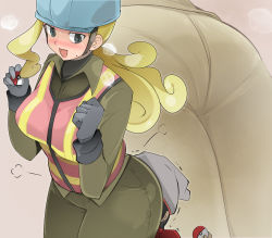 Rule 34 | 1boy, 1girl, age difference, ass, blonde hair, blush, breasts, creatures (company), face in ass, game freak, gloves, hat, helmet, holding, holding poke ball, long hair, name john, nintendo, open mouth, poke ball, poke ball (basic), pokemon, pokemon swsh, smile, victor (pokemon), worker (pokemon)