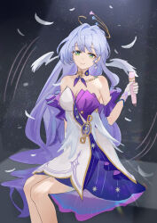 Rule 34 | 1girl, bare shoulders, blue hair, commentary, detached sleeves, dress, facial mark, feathers, feet out of frame, green eyes, hand up, head wings, highres, holding, holding microphone, honkai: star rail, honkai (series), li xi de jiumeng, long hair, looking at viewer, microphone, robin (honkai: star rail), short dress, short sleeves, sitting, smile, solo, strapless, strapless dress, very long hair, white dress, wings