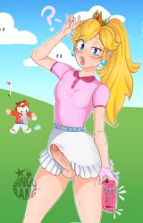 Rule 34 | 1boy, 1futa, ?, bingobang, blonde hair, blue eyes, can, confused, crown, drink can, erection, futanari, golf course, highres, looking at viewer, mario, mario (series), mario golf, mario golf: super rush, monster energy, motion lines, nintendo, outdoors, penis, ponytail, princess peach, soda can, solo focus, standing, sweat, testicles, twitching penis, veins, veiny penis