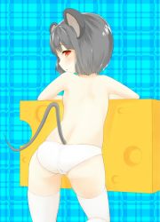 Rule 34 | 1girl, animal ears, ass, bad id, bad pixiv id, cheese, female focus, food, from behind, grey hair, highres, looking back, mouse ears, mouse tail, nazrin, ootsuka you, panties, red eyes, short hair, skindentation, solo, tail, thighhighs, topless, touhou, underwear, white thighhighs