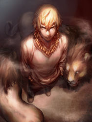 Rule 34 | 1boy, bad id, bad pixiv id, blonde hair, bracelet, casual, earrings, fate/stay night, fate/zero, fate (series), gilgamesh (fate), jewelry, kitsune n, lion, lions, male focus, necklace, official alternate costume, perspective, red eyes, short hair, solo