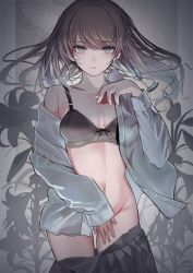 Rule 34 | 1girl, absurdres, black bra, blue eyes, bra, breasts, brown hair, clothes pull, collarbone, covering privates, covering crotch, cowboy shot, crying, crying with eyes open, expressionless, flower, grey background, grey shirt, groin, highres, lily (flower), long hair, long sleeves, looking at viewer, navel, no panties, open clothes, open shirt, original, partially undressed, plant, shinonome nemu (nemulog sn), shirt, skirt, skirt pull, small breasts, solo, tears, underwear, undressing