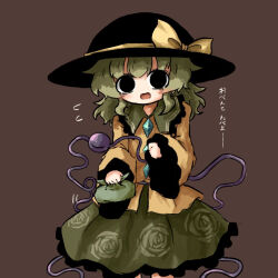 Rule 34 | 1girl, bag, black eyes, black hat, blouse, blush, bow, brown background, buttons, diamond button, eyeball, feet out of frame, floral print, frilled shirt collar, frilled skirt, frilled sleeves, frills, green hair, green skirt, hat, hat bow, hat ribbon, heripantomorrow, holding, holding bag, komeiji koishi, long sleeves, looking at viewer, medium hair, open mouth, pouch, ribbon, rose print, shirt, sidelocks, simple background, skirt, smile, solo, standing, third eye, touhou, wavy hair, wide sleeves, yellow bow, yellow ribbon, yellow shirt