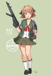 Rule 34 | 1girl, adapted costume, alternate sleeve length, artist name, bag, black footwear, black gloves, black ribbon, blue eyes, brown hair, commentary request, dated, full body, gloves, green background, green sailor collar, green skirt, gun, h&amp;k mp5, hachijou (kancolle), hair ribbon, kantai collection, kawashina (momen silicon), kneehighs, loafers, logo, looking at viewer, mouth hold, neck ribbon, pleated skirt, red ribbon, ribbon, rifle, sailor collar, school bag, school uniform, serafuku, shoes, short hair, simple background, single glove, skirt, socks, solo, standing, submachine gun, weapon, white socks