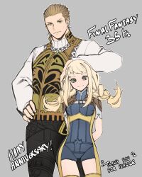 Rule 34 | 1boy, 1girl, armor, hug, balflear, black pants, blonde hair, blue bodysuit, bodysuit, braid, breasts, brown hair, collared shirt, cowboy shot, earrings, final fantasy, final fantasy xii, gold trim, grey background, grey eyes, hair slicked back, hand on another&#039;s head, highres, jewelry, kyou (ningiou), leather armor, long sleeves, looking at viewer, medium breasts, pants, penelo, shirt, short hair, short sleeves, shoulder armor, sidelocks, smile, thighhighs, twin braids, vest, white shirt, yellow thighhighs