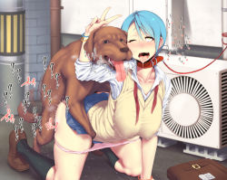 Rule 34 | 1girl, ;p, ahegao, air conditioner, all fours, bad id, bad pixiv id, bag, bdsm, bent over, bestiality, blue hair, blush, bondage, bound, breasts, clothed sex, collar, dog, doggystyle, fucked silly, heart, huge breasts, kneehighs, large breasts, leash, messenger bag, one eye closed, open mouth, original, panties, panty pull, pink panties, saliva, school uniform, sex, sex from behind, short hair, shoulder bag, slave, socks, solo focus, sweat, tongue, tongue out, underwear, v, vaginal, vest, wink, xxzero, yellow eyes