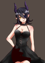 Rule 34 | 10s, 1girl, absurdres, black hair, breasts, cleavage, demon girl, dress, eyepatch, highres, horns, kantai collection, pointy ears, short hair, silco, silco (maiko1129), solo, tenryuu (kancolle), yellow eyes