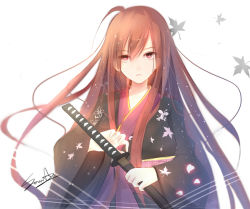 Rule 34 | 1girl, artist name, fighting stance, frown, hair between eyes, highres, holding, holding sword, holding weapon, japanese clothes, katana, kimono, leaf, light particles, long hair, looking at viewer, maple leaf, original, ready to draw, red eyes, red hair, sheath, sheathed, shigure s, signature, solo, sword, weapon, white background