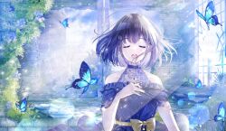 Rule 34 | 1girl, bare shoulders, blue butterfly, blue dress, bug, butterfly, choker, closed eyes, collarbone, dress, earrings, flower, hair ornament, highres, insect, jewelry, nayuta (voice actor), open mouth, sanosomeha, short hair, solo, sunlight, upper body