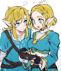 Rule 34 | ..., 1boy, 1girl, :d, belt, black belt, black gloves, blonde hair, blue eyes, blue shirt, blush, breasts, closed mouth, collarbone, commentary request, fingerless gloves, gloves, hair ornament, hairclip, highres, holding, link, looking at another, medium breasts, nintendo, notice lines, open mouth, pointy ears, princess zelda, sheikah slate, shirt, short hair, sketch, smile, speech bubble, spoken ellipsis, suechimu, the legend of zelda, the legend of zelda: breath of the wild, the legend of zelda: tears of the kingdom, tunic, upper body, white background