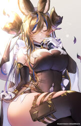 Rule 34 | 1girl, absurdres, animal ears, asymmetrical hair, bare shoulders, black dress, black thighhighs, blue hair, blush, breasts, brown hair, brown horns, closed eyes, detached sleeves, dress, extra ears, finger to mouth, frilled sleeves, frills, galleon (granblue fantasy), gloves, granblue fantasy, hair between eyes, highres, holster, horns, large breasts, long hair, multicolored hair, open mouth, pointy ears, sitting, solo, streaked hair, thigh holster, thigh strap, thighhighs, white gloves, yuntae