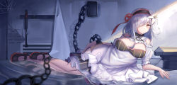 Rule 34 | 1girl, absurdres, apron, azur lane, black footwear, black hairband, breasts, chain, chained, chain, cleavage, clothing cutout, dido (azur lane), dong 24, dress, flower, frilled apron, frills, full body, hair flower, hair ornament, hair over one eye, hairband, highres, indoors, large breasts, layered dress, light purple hair, looking at viewer, lying, on side, orange eyes, puffy short sleeves, puffy sleeves, shoes, short sleeves, shoulder cutout, solo, white apron, white flower
