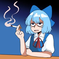 Rule 34 | 1girl, bags under eyes, between fingers, blue background, blue bow, blue dress, blue eyes, blue hair, bow, cigarette, cirno, dress, frown, hair bow, hikibee, holding, holding cigarette, looking up, puffy short sleeves, puffy sleeves, short sleeves, smoke, smoking, solo, touhou, upper body