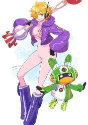 Rule 34 | 1boy, 1girl, blonde hair, bodysuit, boots, coat, commentary request, cropped jacket, green coat, green footwear, hand on own hip, headphones, highres, holding, jacket, looking at viewer, multicolored coat, ndnd ysys, one piece, outstretched arms, pink bodysuit, purple footwear, purple jacket, short hair, smile, twitter username, two-tone coat, vegapunk edison, vegapunk lilith, white coat