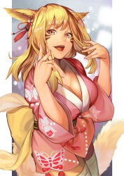 Rule 34 | 1girl, animal ears, blonde hair, breasts, cat ears, cat girl, cleavage, commission, facial mark, final fantasy, final fantasy xiv, hair ornament, hinoru saikusa, japanese clothes, kimono, large breasts, long hair, looking at viewer, miqo&#039;te, mizu fei, open mouth, skeb commission, solo, thighhighs, warrior of light (ff14), whisker markings, white thighhighs, yellow eyes