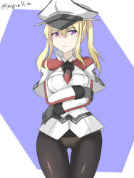 Rule 34 | 10s, 1girl, black gloves, black pantyhose, black ribbon, blonde hair, blue background, breast lift, capelet, gloves, gluteal fold, graf zeppelin (kancolle), hat, kantai collection, looking at viewer, no pants, panties, panties under pantyhose, pantyhose, peaked cap, purple eyes, ribbon, sangue llia, sidelocks, simple background, solo, thigh gap, thighs, twintails, underwear
