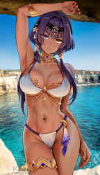Rule 34 | 1girl, arm up, armlet, bikini, blue eyes, breasts, candace (genshin impact), dark-skinned female, dark skin, day, foxyreine, genshin impact, heterochromia, highres, jewelry, large breasts, long hair, looking at viewer, low twintails, navel, neck ring, ocean, outdoors, parted lips, photo background, purple hair, solo, stomach, swimsuit, thigh gap, thighlet, thighs, twintails, yellow eyes