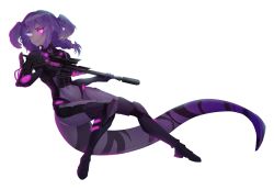Rule 34 | 1girl, absurdres, assault rifle, black gloves, bodysuit, braid, closed mouth, commentary, covered navel, english commentary, fang, fang out, finger on trigger, floating hair, full body, gloves, glowing, glowing eyes, gun, hair ornament, hairclip, head wings, highres, holding, holding gun, holding weapon, long tail, looking away, looking to the side, medium hair, armored boots, negative space, nijisanji, nijisanji en, purple hair, rifle, satsuki nageru, selen tatsuki, simple background, skin fang, smile, solo, tail, twin braids, virtual youtuber, weapon, white background, wings