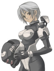 Rule 34 | 1girl, bodysuit, copyright request, head tilt, helmet, holding, looking at viewer, nagi ryou, silver hair, simple background, smile, solo
