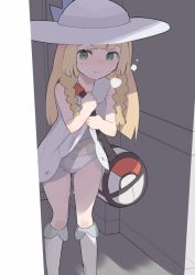 Rule 34 | 1girl, bag, blonde hair, blunt bangs, blush, braid, closed mouth, clothes lift, collared dress, commentary request, creatures (company), dot nose, dress, dress lift, duffel bag, exhibitionism, eyebrows, female pervert, game freak, green eyes, hat, kneehighs, lifted by self, lillie (pokemon), long hair, low twin braids, navel, nintendo, nose blush, outdoors, panties, pervert, poke ball theme, pokemon, pokemon sm, public indecency, pussy juice, pussy juice drip through clothes, samidare (hoshi), skirt, skirt lift, sleeveless, sleeveless dress, socks, solo, split mouth, standing, sun hat, sundress, trembling, twin braids, underwear, wet, wet clothes, wet panties, white dress, white hat, white panties, white socks