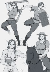 Rule 34 | 1girl, abs, absurdres, alex (minecraft), animal print, bikini, bucket, closed eyes, cow print, greyscale, hat, highres, holding, holding weapon, horse, horseback riding, long hair, minecraft, monochrome, muscular, muscular female, ponytail, riding, shield, smile, sparkle, speedl00ver, swimsuit, sword, thumbs up, weapon