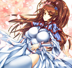 Rule 34 | 1girl, breasts, brown eyes, brown hair, cherry blossoms, female focus, impossible clothes, large breasts, long hair, looking at viewer, pout, sangokushi taisen, solo, thighhighs, tokonaru, white thighhighs