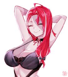 Rule 34 | 1girl, alternate breast size, alternate form, arms behind head, artist logo, black bra, bra, breasts, cleavage, closed eyes, colored skin, grey skin, highres, hololive, hololive indonesia, kureiji ollie, lace, lace-trimmed bra, lace trim, large breasts, long hair, looking at viewer, ma draws, multicolored eyes, multicolored hair, multicolored skin, patchwork skin, pink hair, red hair, sallie (kureiji ollie), smile, solo, streaked hair, two-tone skin, underwear, upper body, virtual youtuber, white background, yellow eyes, zombie