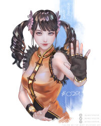 Rule 34 | 1girl, artist name, bare shoulders, black gloves, breasts, brown eyes, brown hair, china dress, chinese clothes, closed mouth, cropped torso, dress, fingerless gloves, gloves, highres, ling xiaoyu, lips, long hair, looking at viewer, medium breasts, orange dress, single glove, sleeveless, sleeveless dress, smile, solo, tekken, tekken 7, twintails, upper body, wandzardeen, white background