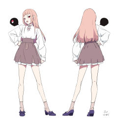 Rule 34 | 1girl, blunt bangs, brown skirt, cei (sohin), character name, character sheet, full body, hand on own hip, high tops, long hair, long sleeves, looking at viewer, multiple views, open mouth, original, petticoat, pink hair, pointy ears, purple footwear, red eyes, shirt, shirt tucked in, shoes, sidelocks, simple background, skirt, sneakers, socks, sohin, turnaround, white background, white shirt