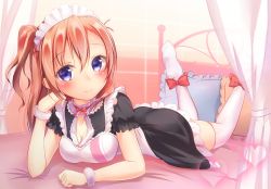 Rule 34 | 10s, 1girl, arm support, bad id, bad pixiv id, bed, blush, breasts, brown hair, cleavage, curtains, feet, feet up, frilled pillow, frills, heart, kosaka honoka, looking at viewer, love live!, love live! school idol project, lying, maid, maid headdress, no shoes, on stomach, pillow, purple eyes, shirt, side ponytail, smile, solo, taut clothes, taut shirt, thighhighs, white thighhighs, wristband, yuuyu (yuuyu015)