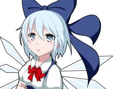 Rule 34 | 1girl, akagane03, blue hair, breasts, cirno, grey eyes, hair ribbon, looking at viewer, ribbon, short hair, short sleeves, simple background, small breasts, solo, touhou, transparent background, triangle mouth, upper body, white background, wings