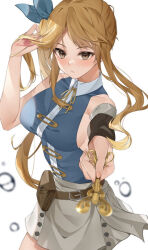 1girl adjusting_hair air_bubble awaki224 bare_shoulders blonde_hair blue_ribbon blue_shirt breasts brown_bag brown_eyes brown_skirt bubble cowboy_shot fairy_tail floating_hair hair_ribbon holding holding_key key large_breasts long_hair lucy_heartfilia neck_ribbon outstretched_arm ribbon shirt sideboob simple_background single_bare_arm skirt sleeveless sleeveless_shirt solo white_background yellow_ribbon