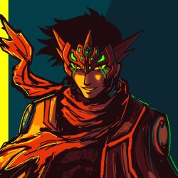 Rule 34 | black hair, black shirt, blue background, crown, emeraldcodex, getter emperor, getter rays, getter robo, glowing lines, green pupils, jacket, limited palette, nagare ryoma, open clothes, open jacket, possessed, red eyes, red scarf, scarf, shirt, sideburns, smirk