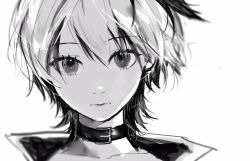 Rule 34 | 1girl, belt collar, collar, collarbone, expressionless, flower (vocaloid), flower (vocaloid4), greyscale, highres, jacket, lipstick, looking at viewer, makeup, monochrome, multicolored hair, portrait, short hair, solo, streaked hair, vocaloid, white background, yobigoe
